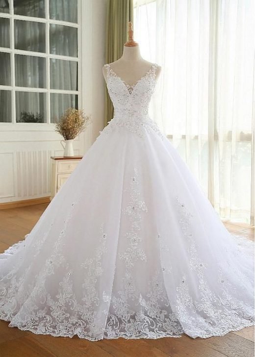 Magbridal Luxury Tulle V-neck Neckline Ball Gown Wedding Dresses With Beaded Lac…