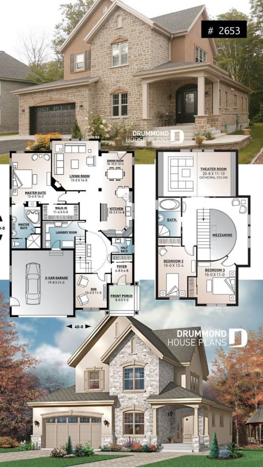European luxury house plan, 3 to 4 bedrooms, open stairwell, 2-car garage