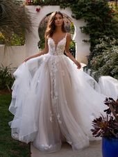 A-line V Neck White Long Bridal Gown with Appliques
