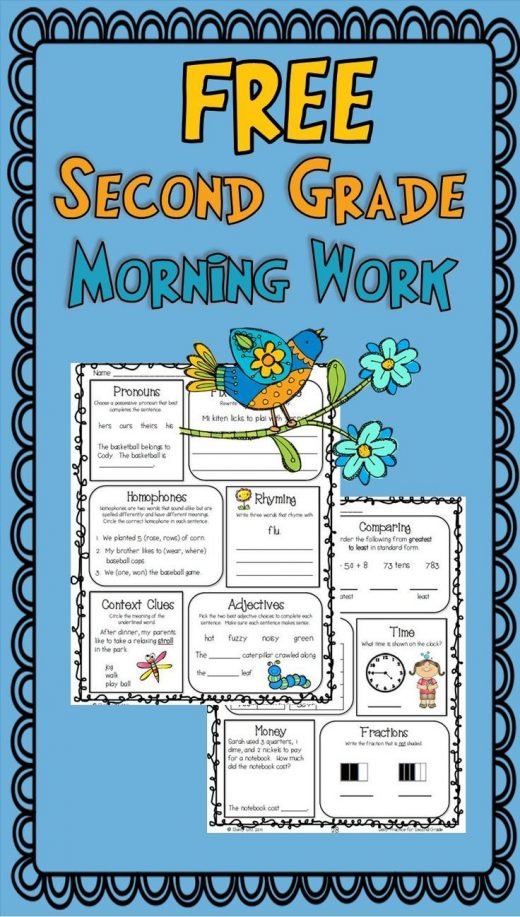 FREE morning work or homework for second grade-math and language arts spiral review-context clues, telling time, fractions, adjectives, rhyming, comparing numbers, and more