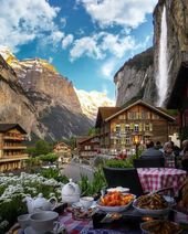 Having lunch under Staubbach Falls in Lauterbrunnen, Switzerland.