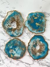Turquoise Gold and White Coasters, Turquoise, Gold and White Geode Resin Coasters, Coasters, Marble Coasters, Glitter Coasters, 3D Art